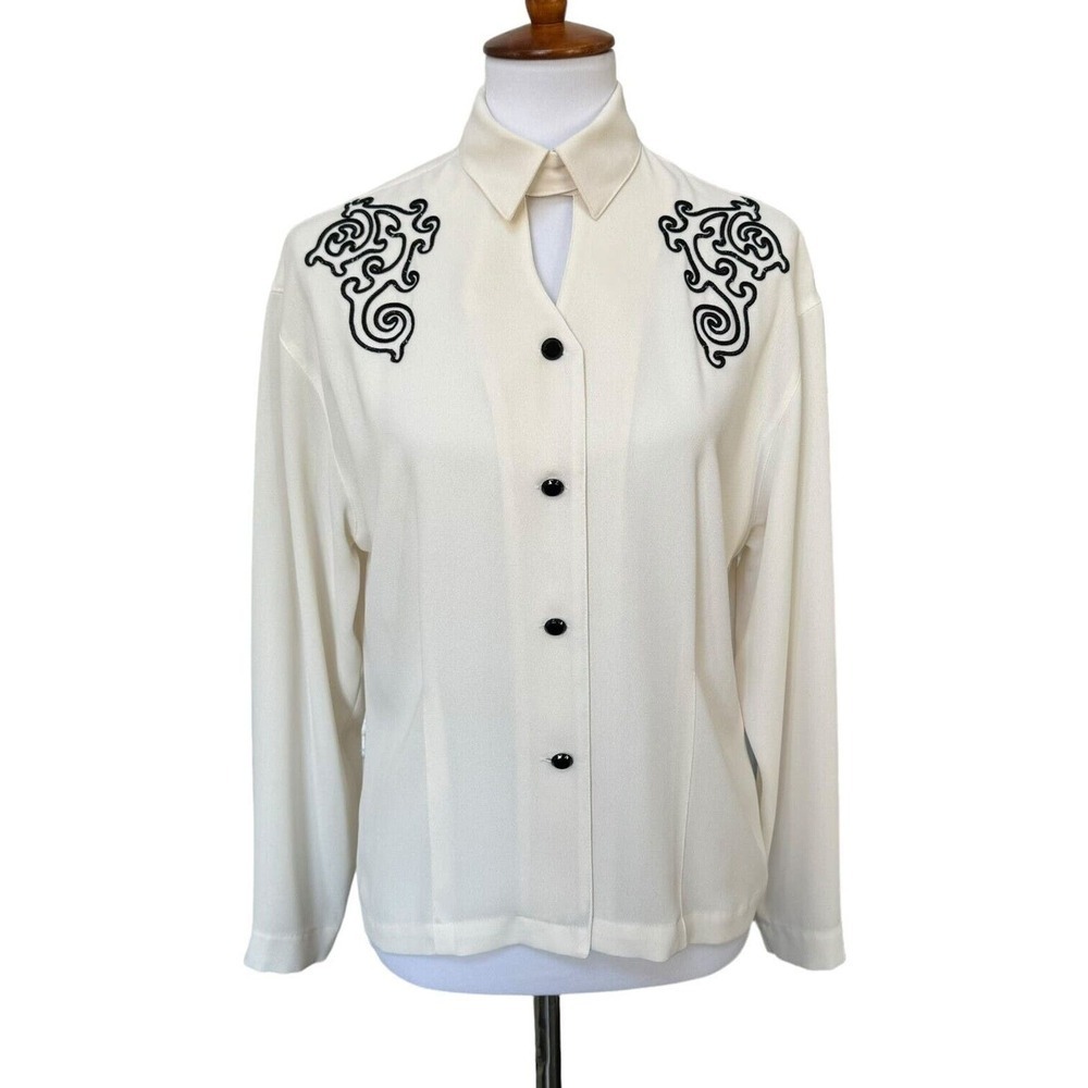 🍀 Vintage Josephine Button Blouse White Embroidered Long Sleeve Keyhole 8